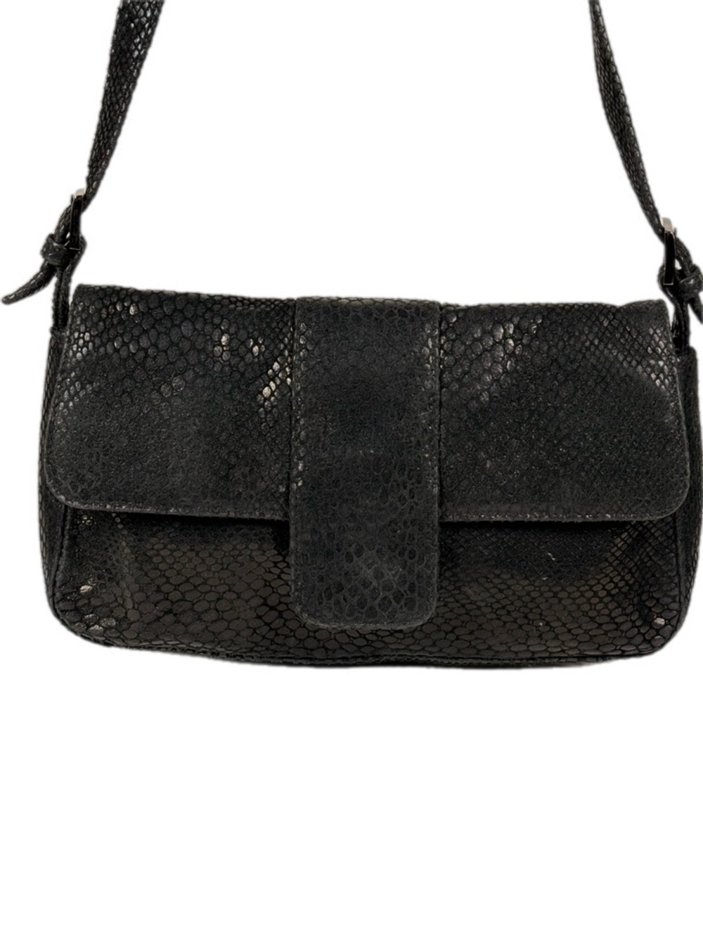 Studio Imports | Textured Black Shoulder Bag Flap Closure Snakeskin print